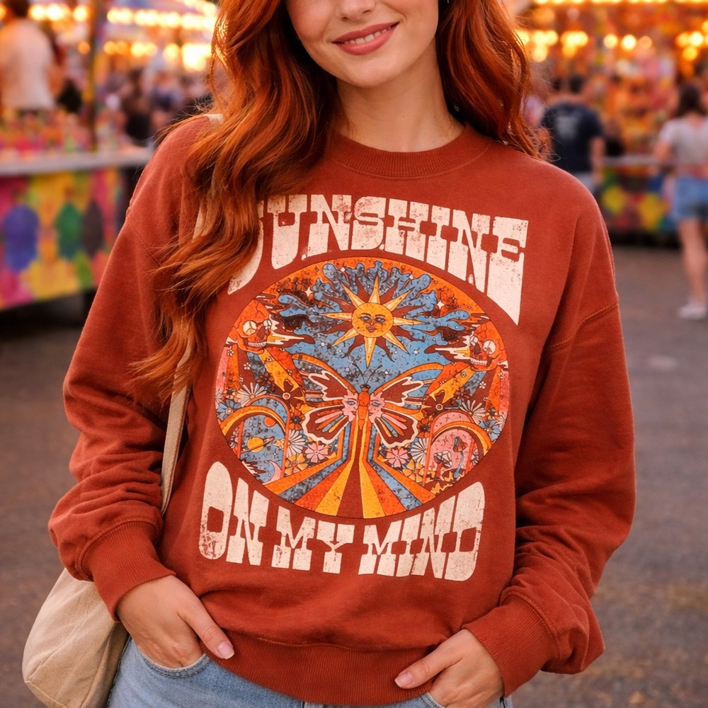Hollister Sunshine On My Mind Sweatshirt XS BohoY2K Hippie Sun Retro Brown Indie
